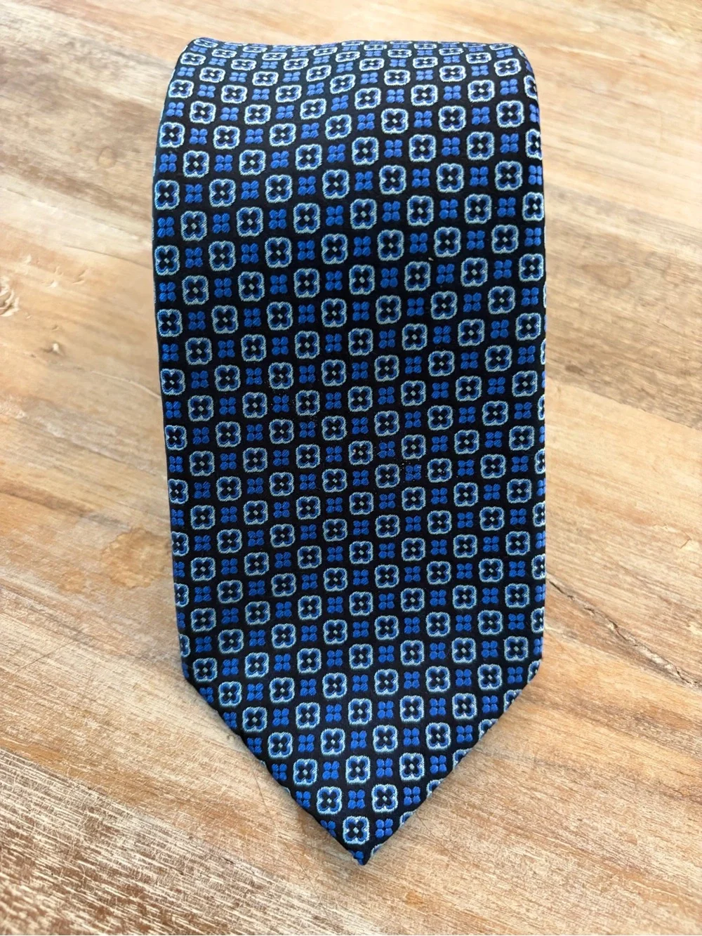 Countess Mara 100% Silk Tie Blue Geometric Necktie Blue Gold Crown Logo